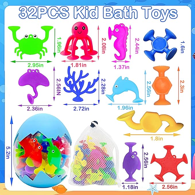 32PCS Suction Cup Bath Toys for Kids Ages 1-3 Ocean Animal Suction Bath Toys with Eggshell Storage No Hole Mold Free Bathtub Toys Party Favor Classroom Prize Water Table Toys 4 5 6 Year Old Boys Girls
