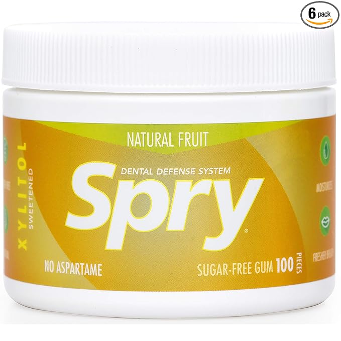 Spry Fresh Natural Xylitol Chewing Gum Dental Defense System - Aspartame-Free, Sugar-Free, Non-GMO, Gluten-Free (Fresh Fruit, 100 Count - Pack of 6)