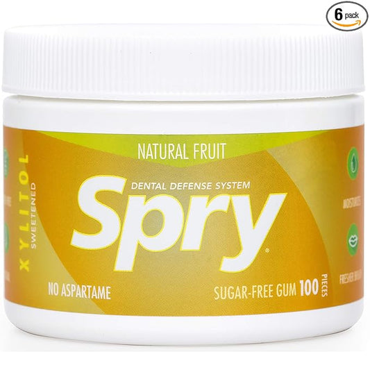 Spry Fresh Natural Xylitol Chewing Gum Dental Defense System - Aspartame-Free, Sugar-Free, Non-GMO, Gluten-Free (Fresh Fruit, 100 Count - Pack of 6)