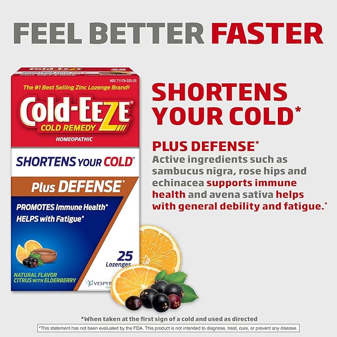 Cold-Eeze Plus Defense Natural Citrus with Elderberry Zinc Lozenges, 25 Ct (Pack of 2)