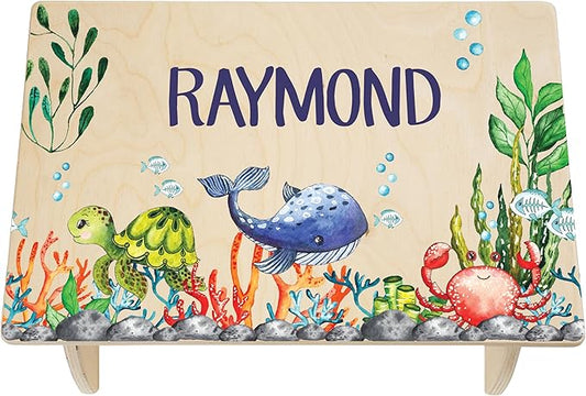 Step Stool for Toddlers- Personalized Wood Kids Step Stool with Name for Kitchen Sink, Bathroom, Potty Training, Toilet, Kitchen Sink- Sturdy and Safe- Made in USA by BloomOwl (Ocean)