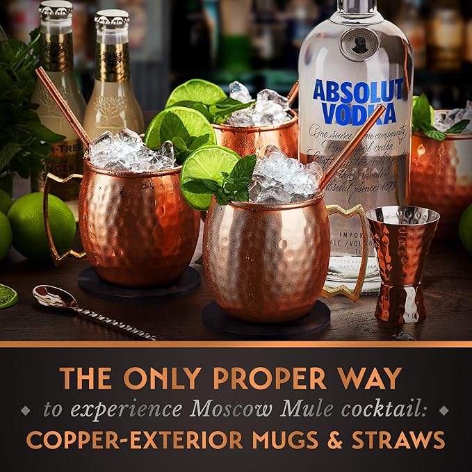 Gift Set Moscow Mule Mugs Set of 4 16 oz Copper Plated Stainless Steel 4 Straws 4 Coasters Jigger Shot Glass Stirring Spoon, Cleaning Brush