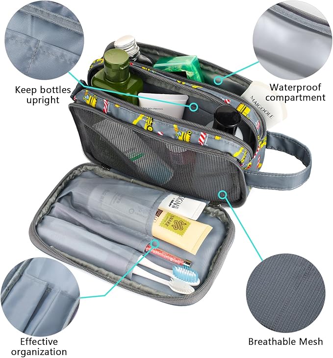 Kids Toiletry Bag for Boys, Travel Toiletry Bag for Little Young Boys Waterproof Hanging Wash Bag Toddler Traveling Toiletries, Construction Grey