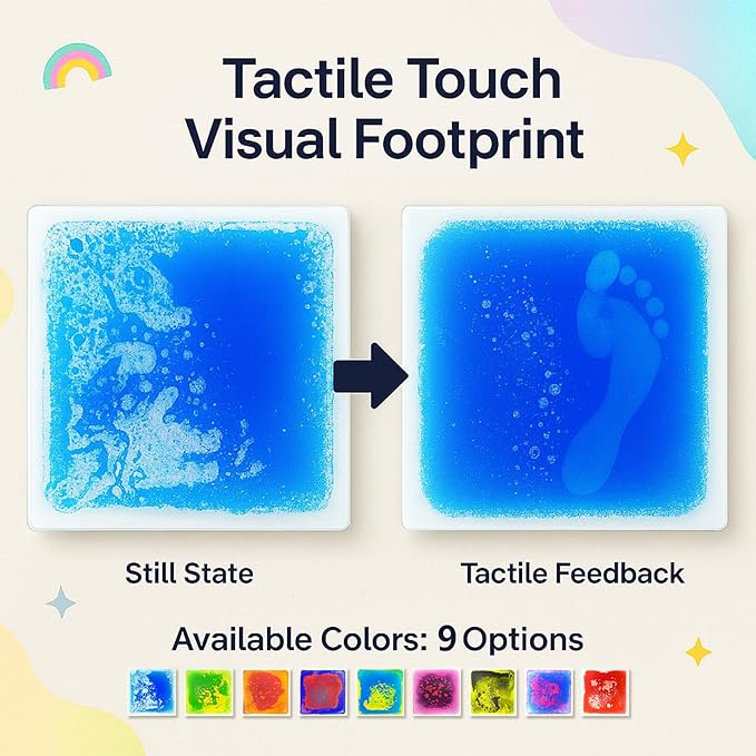 Liquid Sensory Floor Tiles for Kids Ages 3+, 12" Step-On Sensory Tiles with Non-Slip Base, Interactive Color-Flow, Assorted Colors, Classroom & Group Activity Set (9-Pack)