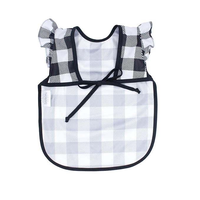 BapronBaby Flutter White Buffalo Plaid Bapron - No Neck Tie Safer Bib for Baby & Toddler - Soft Waterproof Stain Resistant - Machine Washable - Sz Preschool 3-5yrs
