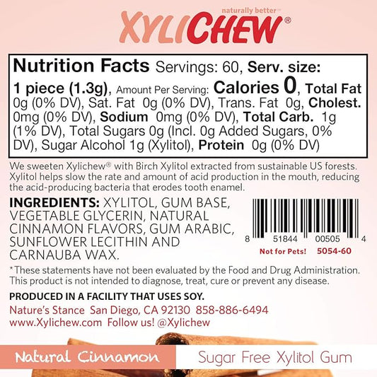 Xylichew 100% Xylitol Chewing Gum - Non GMO, Non Aspartame, Gluten Free, and Sugar Free Gum - Natural Oral Care, Relieves Bad Breath and Dry Mouth - Cinnamon, 60 Count