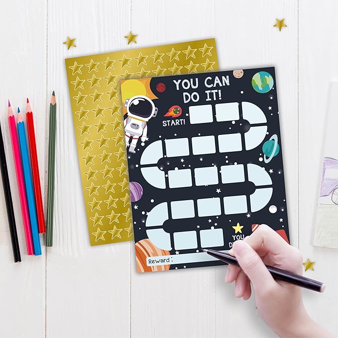 10 Reward Chart with 206 Golden Star Stickers-Outer Space Theme- Chore Chart, Incentive Chart,Positive Behavior Reward Chart for Kids,Toddler Homework Assignments, Attendance(8"X10")-A01