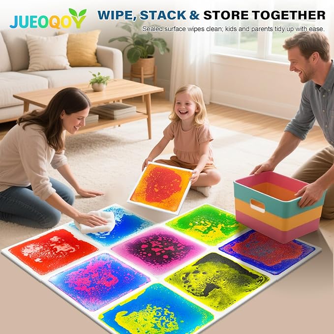 Liquid Sensory Floor Tiles for Kids Ages 3+, 12" Step-On Tiles with Non-Slip Base, Interactive Color-Flow, Assorted Colors, Sensory Path Starter Set (4-Pack)