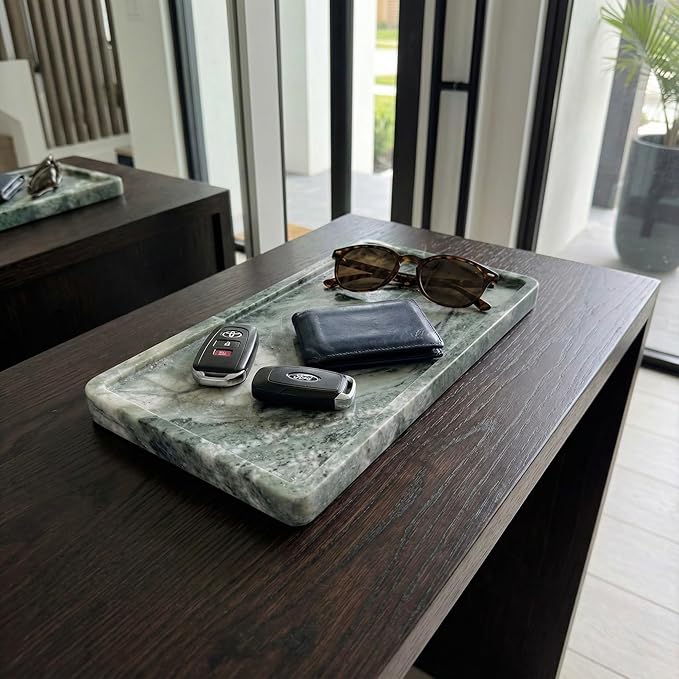 Green Marble Tray – 12" x 6.5" Decorative Vanity Tray for Bathroom, Countertop, Jewelry, Candles, Kitchen | Natural Stone Organizer for Makeup, Perfume, Skincare & Home Décor