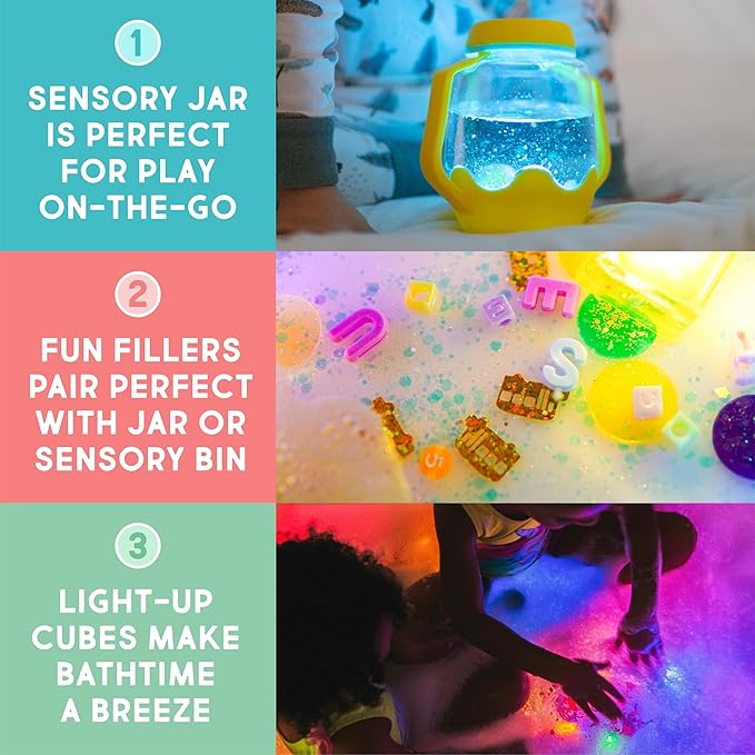 Glo Pals Play Pack Bundle with Sensory Play Jar, Water-Activated Light-Up Cubes, and Fun Fillers - Sensory Toys for Toddlers - Sensory Toy Kit with Light Up Cubes for Bathtub - Easy as ABC