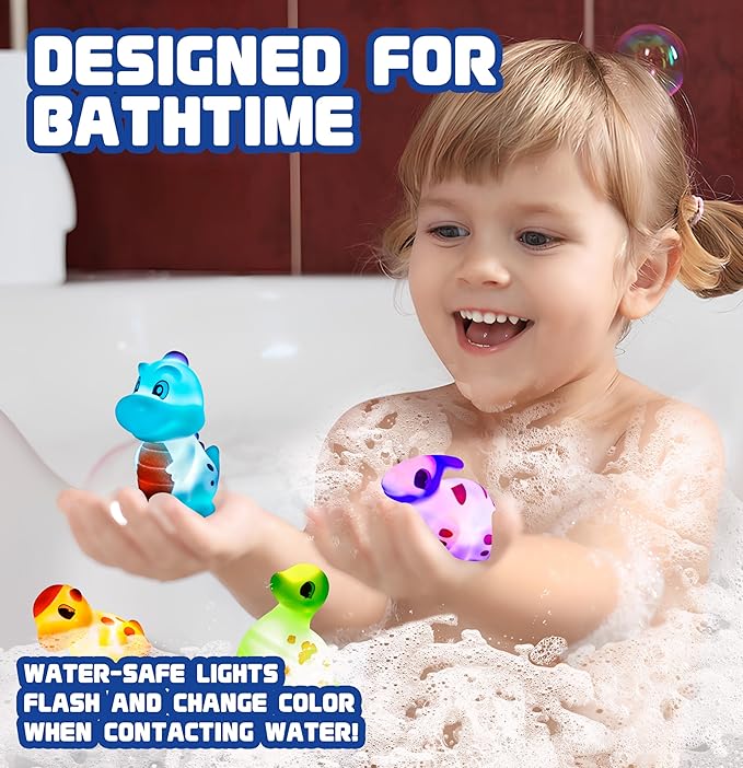 8Pack Dinosaur Light up Bath Toy Set, Flashing Color Changing Light in Water, Floating Dino Bathtub Bathroom Tub Pool ShowerToy for Baby Infant Kid Toddler Christmas