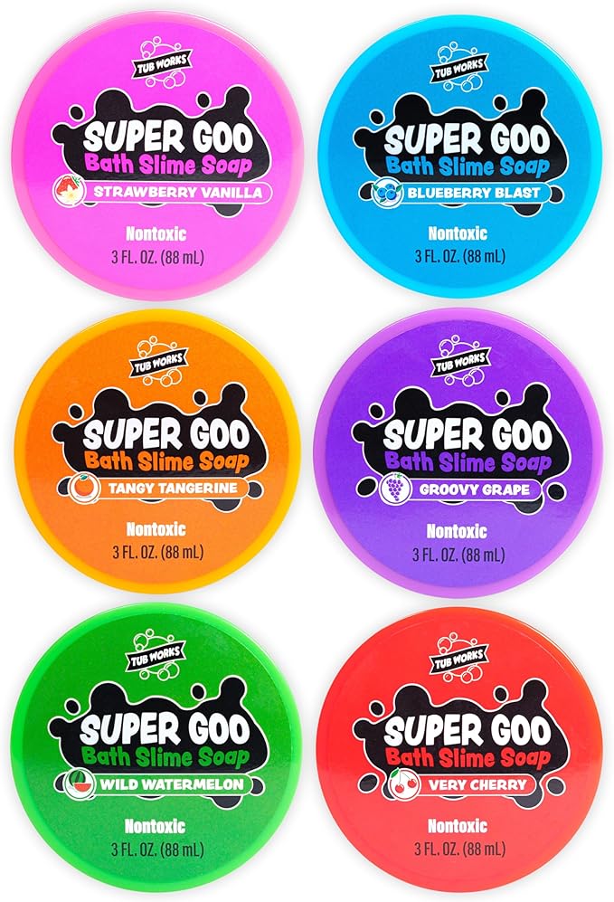 Tub Works® Super Goo Bath Slime™ Kids Soap Bath Toy, 6 Pack | Stretchy, Squishy Slime Soap for Toddler Bath | Fresh, Fruity Scents | Nontoxic | Sensory Fun Kids & Toddler Bath Toys