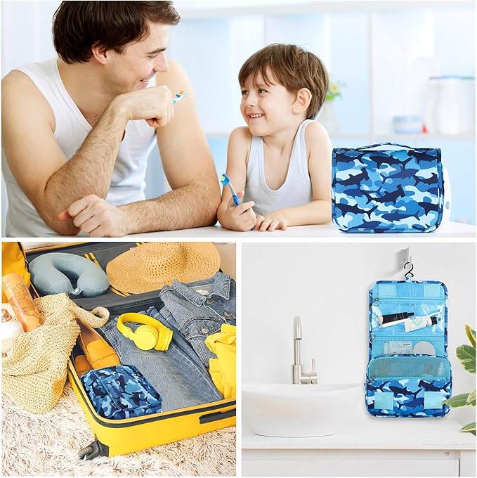 Kids Hanging Toiletry Bag for Boys, Travel Toiletry Bag for Little Young Boys Waterproof Wash Bag Toddler Traveling Toiletries, Shark Blue Camo