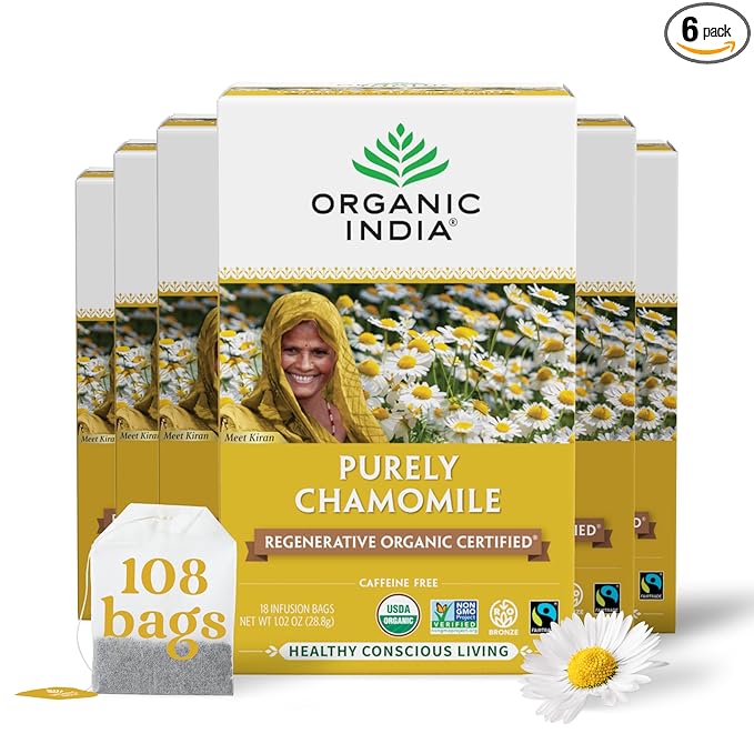 Organic India Purely Chamomile Tea- Regenerative Organic Chamomile Flowers, Caffeine Free, Calming & Relaxing Herbal Tea, Natural Support for Sleep & Relaxation- 18 Tea Bags, Pack of 6