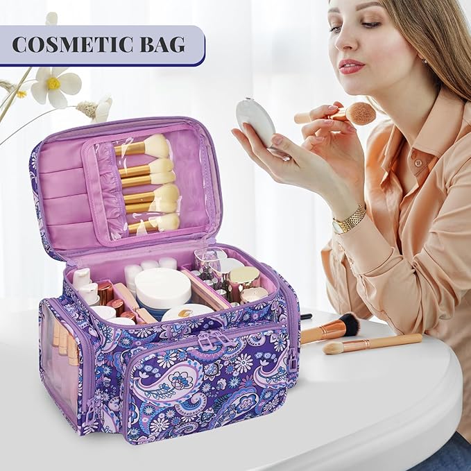 Large Makeup Bag, Portable Travel Makeup Bag Organizer for Women Girls with Makeup Brush Compartment & Two Side Pockets, Cosmetic Travel Bag Vertical Storage Toiletry - Purple