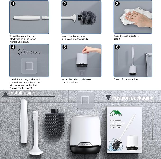 Lefree Silicone Toilet Brush and Holder Set with Ventilated Holder, Floor Standing & Wall Mounted Toilet Scrubber