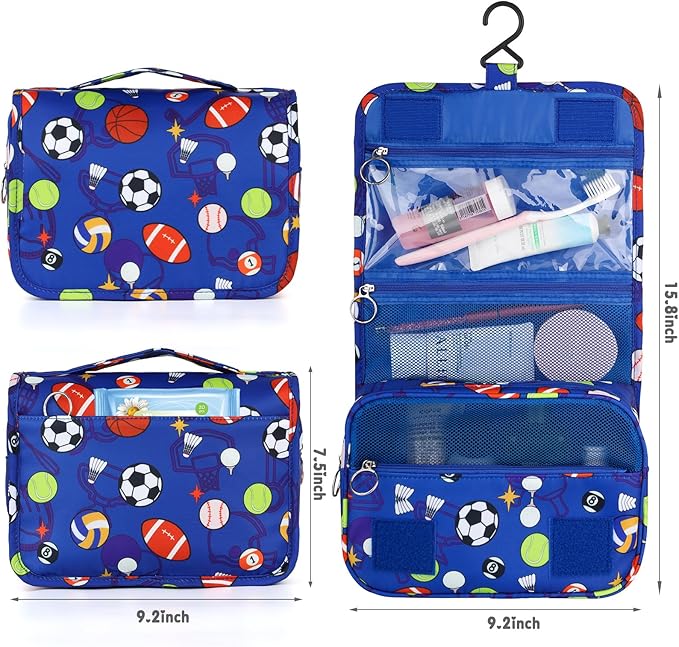Kids Hanging Toiletry Bag for Boys, Travel Toiletry Bag for Little Young Boys Waterproof Wash Bag Toddler Traveling Toiletries, Soccer Balls Blue