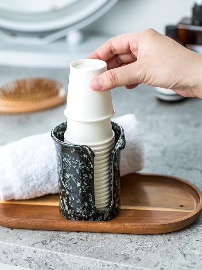 Bathroom Cup Dispenser 3 Oz, Ceramic Bathroom Cup Holder Mouthwash Cup Dispenser, Small Paper Cup Dispenser for Bathroom Vanity Countertop, Black