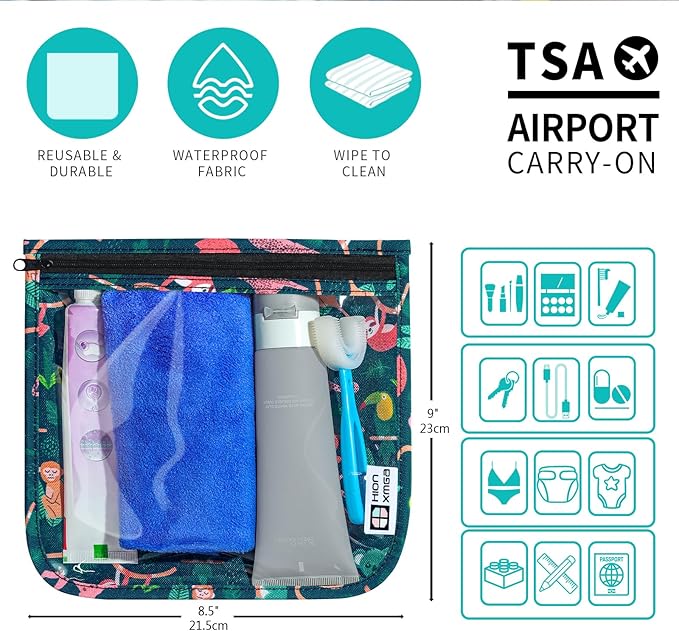 TSA Approved Toiletry Bag, Set of 3 Clear Travel Toiletry Bag Quart Size Zipper Travel Pouch, Waterproof Makeup Cosmetic Bag for Women Men Kids Toiletries Carry on, Jungle Large