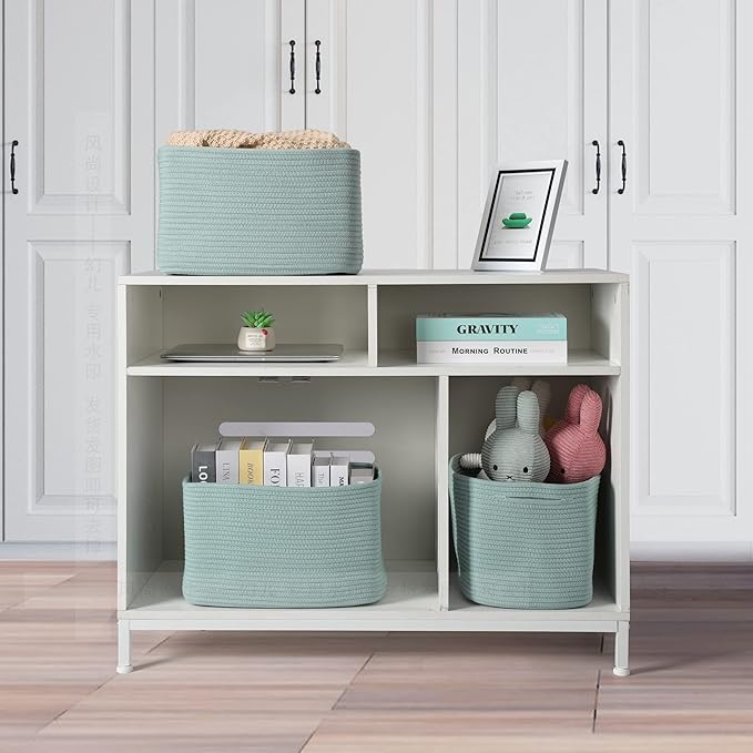 Cotton Rope storage Basket Bins Woven Basket for Organizing Shelves 14.5X9.5X9.3" Rectangle Decorative Baskets For storage Clothes Toys Books Towels Nursery basket organizer 3 pack Green