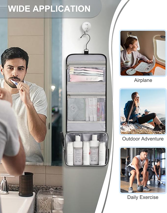 Small Hanging Toiletry Bag for Men and Women, Portable Hanging Organizer for Travel-Sized Shower Dopp Kit, Makeup Accessories, Waterproof Toiletries Organizer with 3 Compartments for Outdoor - Black