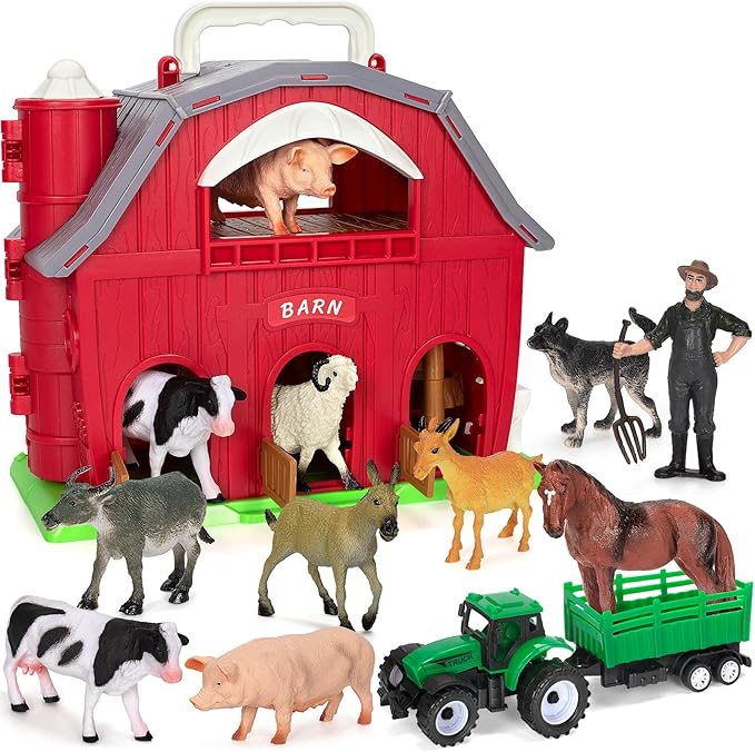 Farm Animals Toys for 1 2 3 4 5 Year old Toddlers Girls Boys, Big Red Barn Farm with Figures Animals and Tractor Toy for Kids, Farm Playset Educational Learning Toys, Ideal Christmas Birthday Gifts