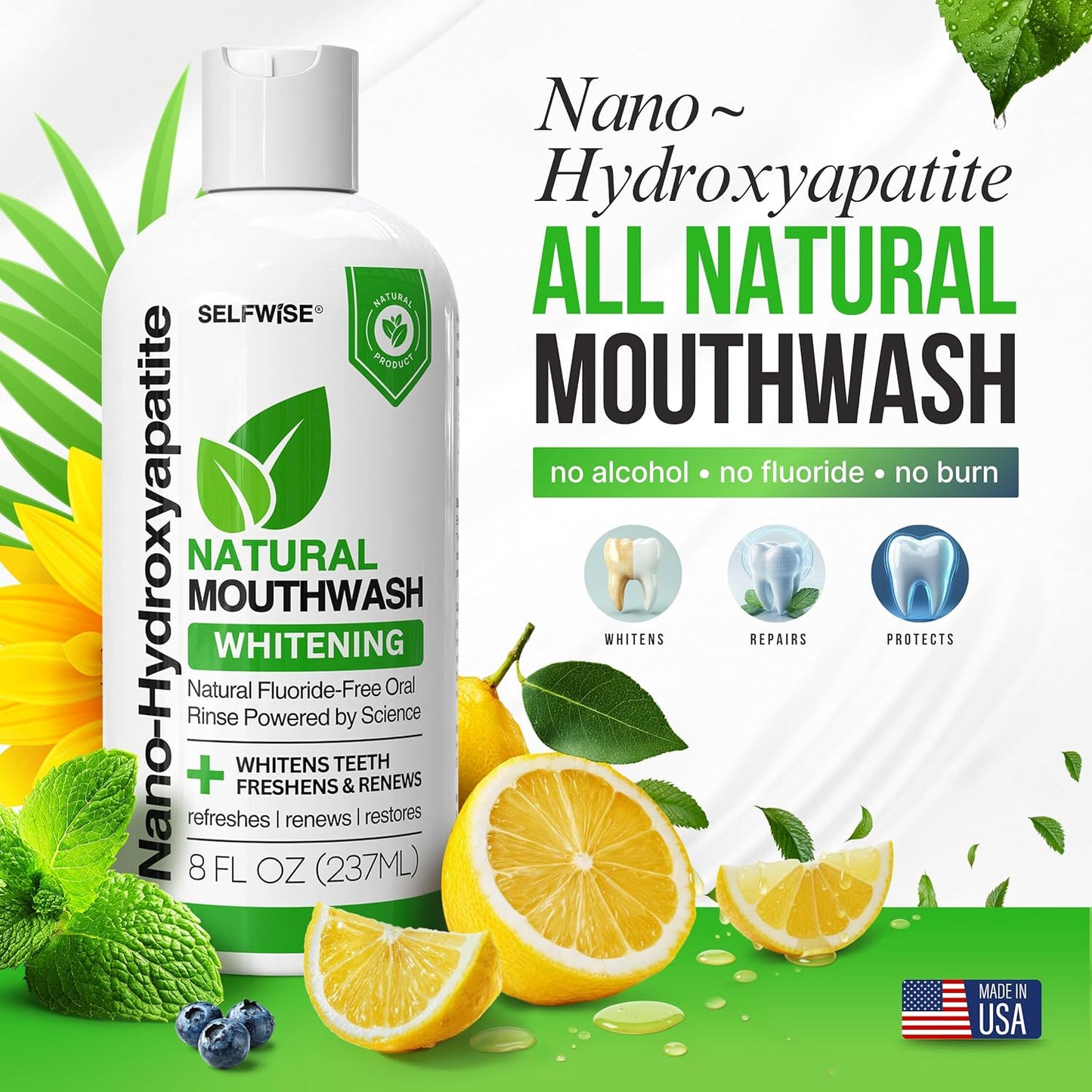 Nano-Hydroxyapatite Natural Whitening Mouthwash with Xylitol – Fluoride-Free, Alcohol-Free, Antiseptic Oral Rinse for Fresh Breath & Enamel Protection – Gentle for Sensitive Teeth