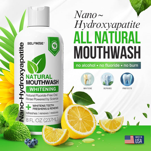 Nano-Hydroxyapatite Natural Whitening Mouthwash with Xylitol – Fluoride-Free, Alcohol-Free, Antiseptic Oral Rinse for Fresh Breath & Enamel Protection – Gentle for Sensitive Teeth