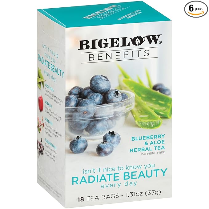 Bigelow Tea Benefits Radiate Beauty Blueberry and Aloe Herbal Teabags Box, Caffeine Free, 18 Count, Pack of 6