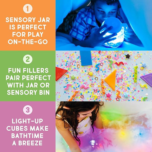 Glo Pals Play Pack Bundle with Sensory Play Jar, Water-Activated Light-Up Cubes, and Fun Fillers - Sensory Toys for Toddlers - Sensory Toy Kit with Light Up Cubes for Bathtub - Cookie Monster
