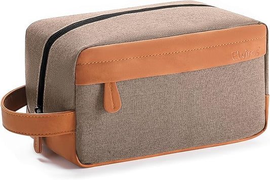 Elviros Travel Toiletry Bag for Men Hanging Dopp Kit Water Repellent PU Leather Shaving Bag with Large Capacity for Travel and Bathroom, Khaki