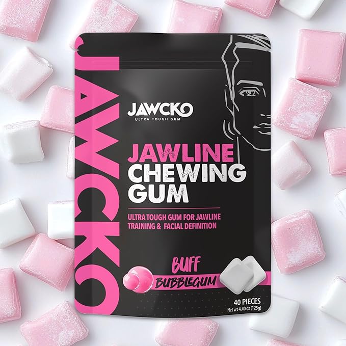 JAWCKO Ultra-Tough Jawline Chewing Gum | Get a Stronger, Squarer Jawline | Bubblegum Jaw Training Hard Gum | 15X Strength | Chisel, Sculpt, Tone your Jaw | Facial Fitness Mewing Gum | 40 Pieces/Pack
