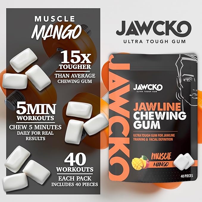 JAWCKO Ultra-Tough Jawline Chewing Gum | Get a Stronger, Squarer Jawline | Mango Jaw Training Hard Gum | 15X Strength | Chisel, Sculpt, Tone your Jawline | Facial Fitness Mewing Gum | 40 Pieces/Pack