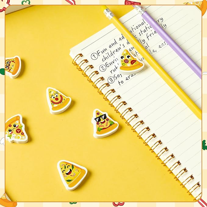 CJiangpo 60Pcs Pizza Mini Erasers for Kids, Cute Cartoon Pencil Rubber Eraser, Novelty 3D Desk Puzzle Pizza Day Themed Party Favors Filler Kids School Classroom Prizes Gifts