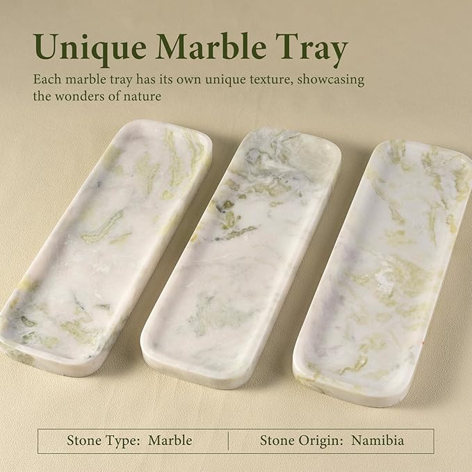 Koville Marble Tray for Bathroom Sink, 12"x4" Natural Stone Vanity Tray for Kitchen Dresser Countertop, Rectangular Decorative Marble Tray for Jewelry Perfume Trinket(Bianco Palomino)