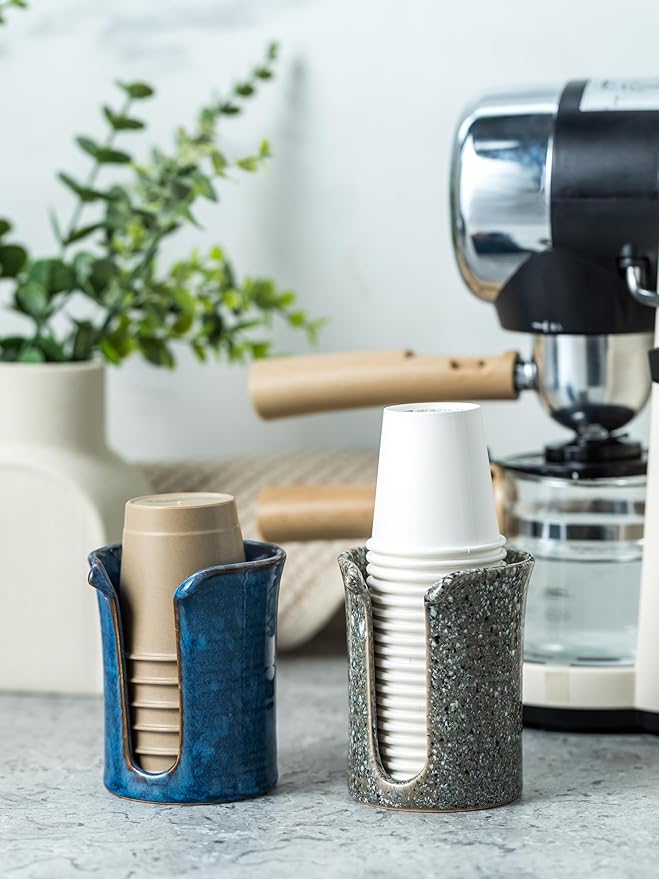 Bathroom Cup Holder, Ceramic Bathroom Cup Dispenser 3 Oz, Small Mouthwash Cup Dispenser Disposable Paper Cup Holder for Bathroom, Coffee Bar, Stoneware Design Modern Decor, Blue