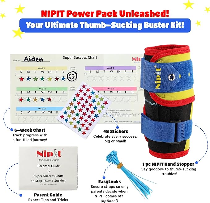 NIPIT Age 2-7 Thumb Sucking Habit STOP for Kids, Best Toddler Finger Sucking Prevention. #1 Pediatric Dentist Rated, since 2014, Keep Fingers Uncovered to Develop and Play, INCLUDES Motivation Program