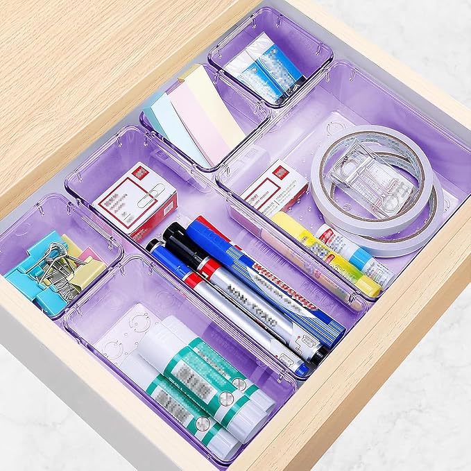 25 PCS Drawer Organizer Set, 4 Varied Size Bathroom and kitchen Drawer cabinet organizer Trays, Clear Storage Bins for Makeup, Jewelry, Utensils and Gadgets， Purple
