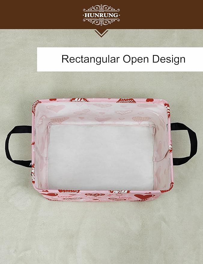 HUNRUNG Rectangle Storage Basket Cute Canvas Organizer Bin for Pet/Children Toys, Books, Clothes Perfect for Rooms/Playroom(REC-Pink Love Heart)