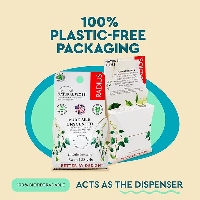 RADIUS Dental Floss, Natural Floss, Unscented Silk, 33 Yards, Compostable & Non-Toxic Oral Care Designed to Help Fight Plaque, Pack of 3