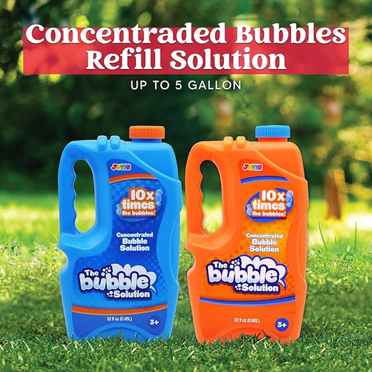 JOYIN 2 Bottles Bubbles Refill Solutions 64 oz (up to 5 Gallon), Concentrated Solution for Bubble Machine, Gun, Wand Refill Fluid Summer, Easter Toys(Orange+Blue)