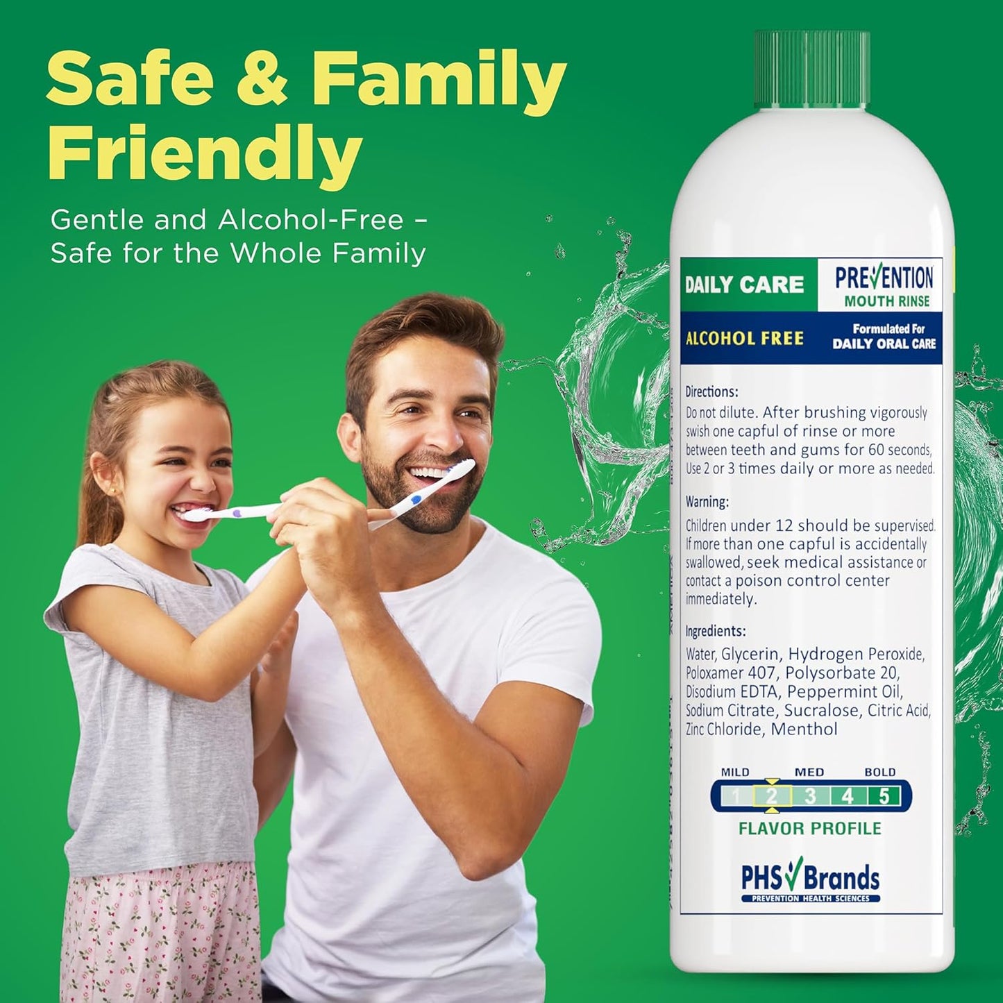 Prevention Daily Care Alcohol-Free Mouthwash, Hydrogen Peroxide Teeth Whitening with Soothing Fresh Mint for Bad Breath Treatment, Fluoride-Free Gum Care Oral Mouth Rinse 16 oz 2 Pack