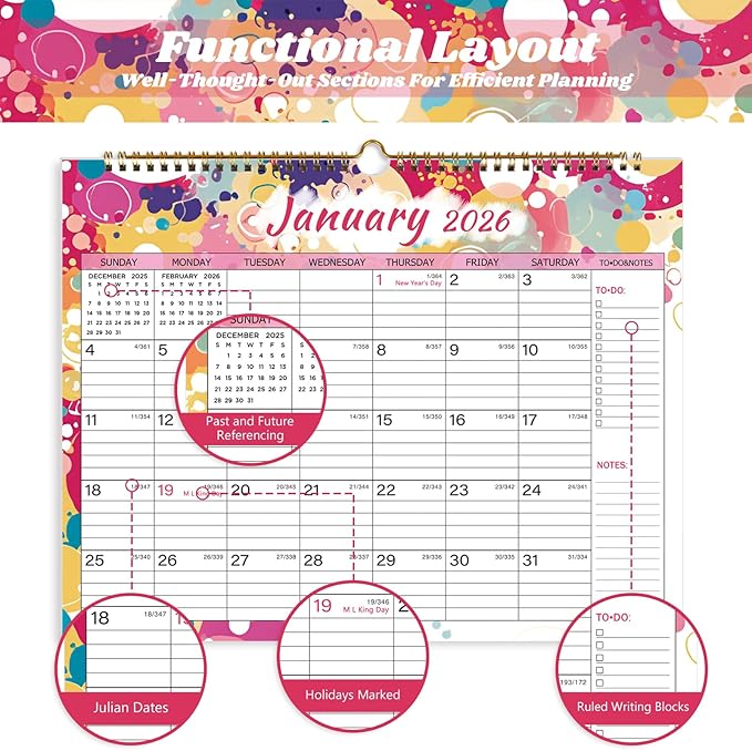 2026 Calendar, Wall Calendar 2026-2027, 18 Month Calendar January 2026 - June 2027, 14.8" X 11.5", Calendar with Twin-Wire Binding, Hanging Hook and Julian Dates (Multi Colorful)