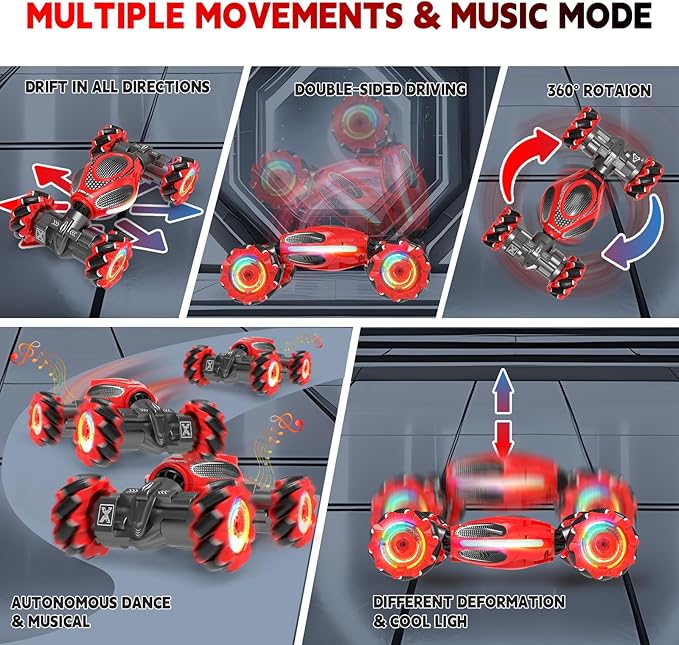 Remote Control Car for Boys - RC Cars for Boy Age 4-12, Gesture Sensing RC Stunt Drift Car for Kids Toys 4 5 6 7 8 9 10 11 12 Year Old Boy Birthday with Cool Lights Music (Red-Black)