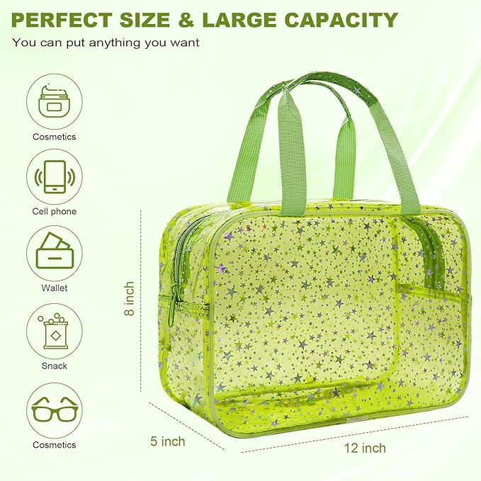 Clear Green Star Large Makeup Bag with Star Pattern 12x5x8 inch, Travel Cosmetic Bag with Handle, Durable PVC Material Washbag Zipper Opening Design for Makeup Travel Organizer or Gym Use