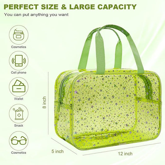 Clear Green Star Large Makeup Bag with Star Pattern 12x5x8 inch, Travel Cosmetic Bag with Handle, Durable PVC Material Washbag Zipper Opening Design for Makeup Travel Organizer or Gym Use