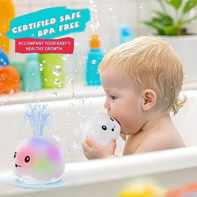 Light Up Bath Toy Sprinkler for Babies, Rechargeable Bathtub Pool Water Toys Baby Gifts for Toddlers, Shower Essentials (White Whale)