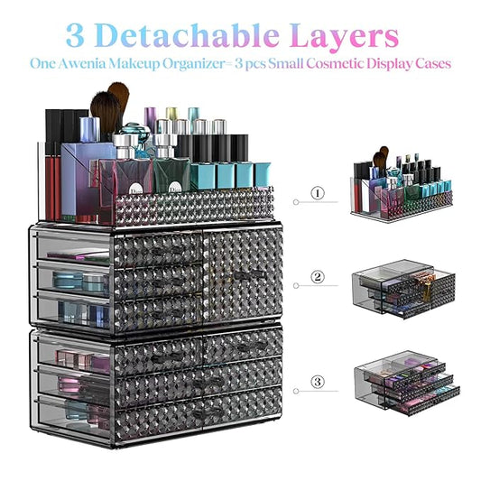 3 Pack Makeup Organizer Stackable[Upgraded], Acrylic Cosmetics Storage Cases with 8 Drawers Perfume Organizers For Brush Holder or Jewelry Display,Plus Size,Best For Vanity,Bathroom or Countertop