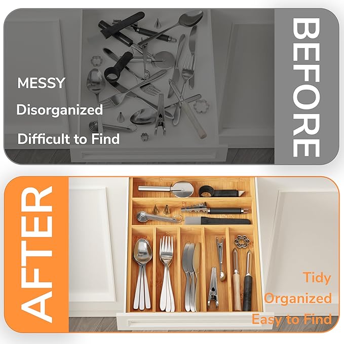 BAMEOS Bamboo Silverware Drawer Organizers, 11.9 inch Utensil Drawer Organizer for Kitchen Drawers, 7 Slots Total Large Flatware Organizer for Knives Cutlery Spoons Forks (Natural)