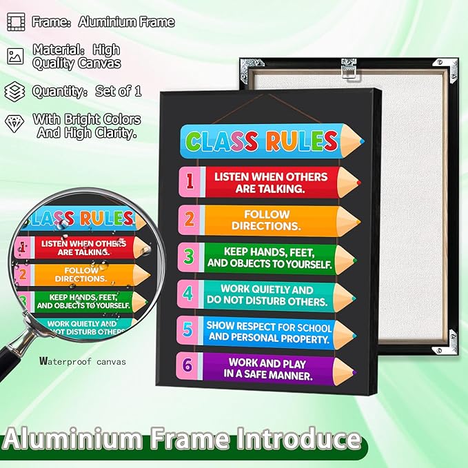 Colorful Classroom Rules Poster,Educational Motivational Wall Art for Elementary, Preschool, Kindergarten, Middle School,Back to School Teacher Supplies and Classroom Decor 8x12 in Aluminum Framed